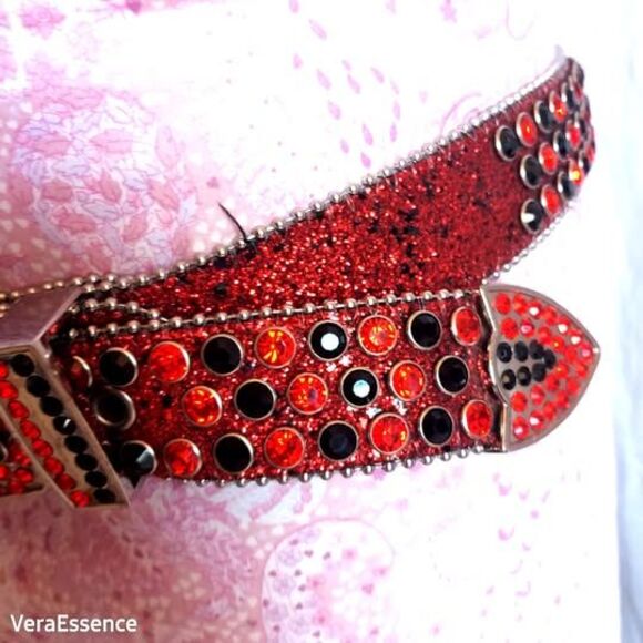 DNA PREMIUM WEAR WESTERN BELT RED BLACK RHINESTONE SILVER & GLITTER ACCENTS 43\